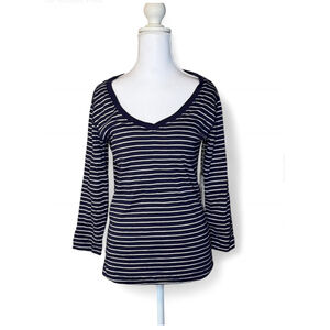 NWT Three Dots Navy & White Stripe ¾ Sleeve V-Neck Tee – Medium